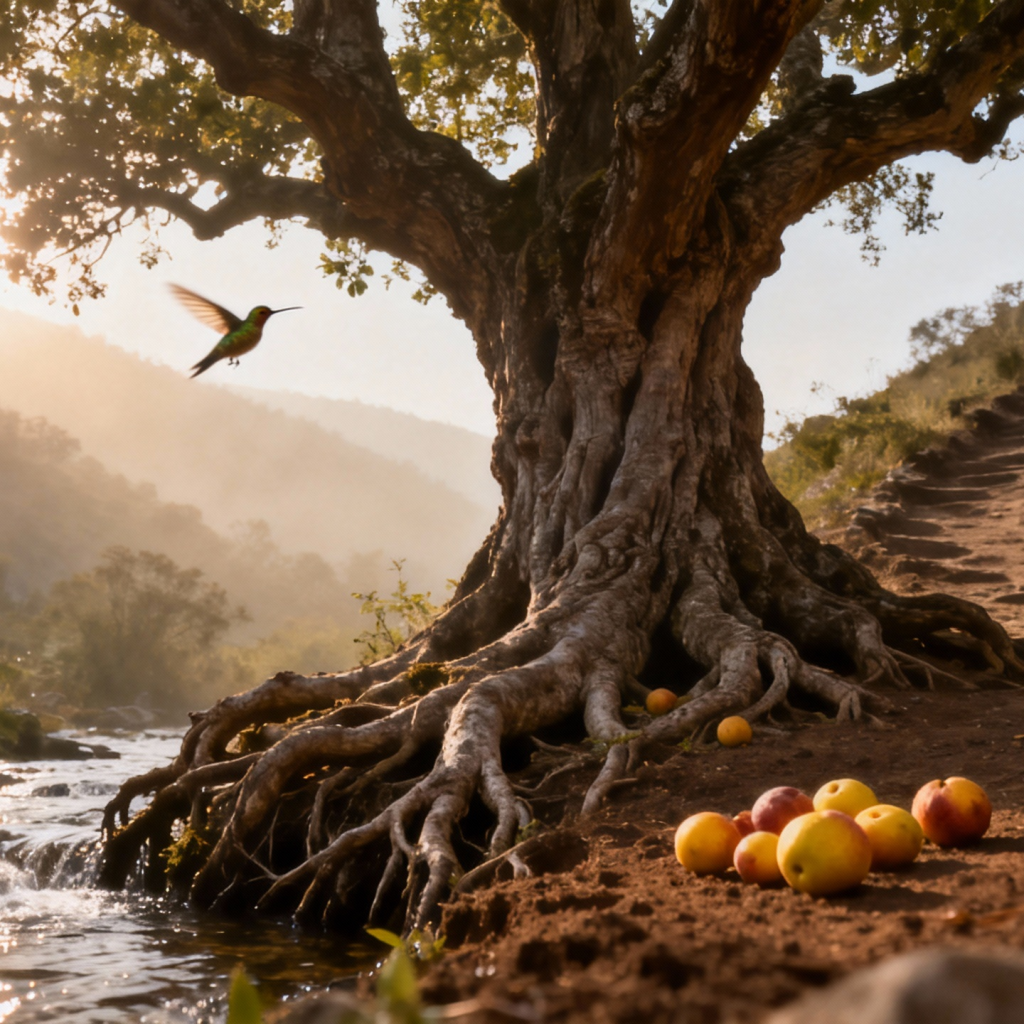 jimeng-2025-11-22-8956-一棵苍劲的古树（日主）立于画面中央，其根系与旁枝相连（比劫）。左侧有溪流滋养树根...