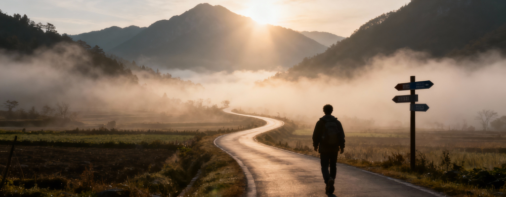 jimeng-2025-11-24-4497-一张充满希望的低角度摄影。一条蜿蜒的路（命运的导航图）穿过晨雾中的山水田园，通向...