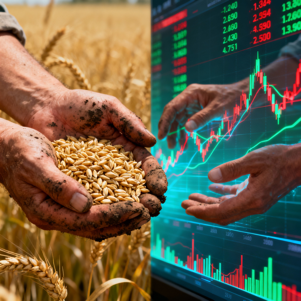 jimeng-2025-11-24-4908-一张创意对比摄影。画面左侧是特写：一双沾满泥土的手（正财）捧着一把刚收获的、颗粒...