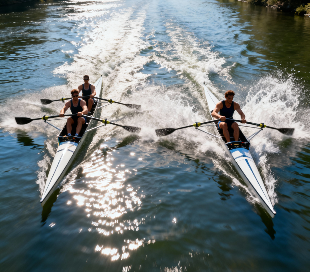 jimeng-2025-11-24-6143-一张动感十足的水上运动摄影。在一条宽阔的河道上，两条赛艇正在竞速。左侧艇上的一名...